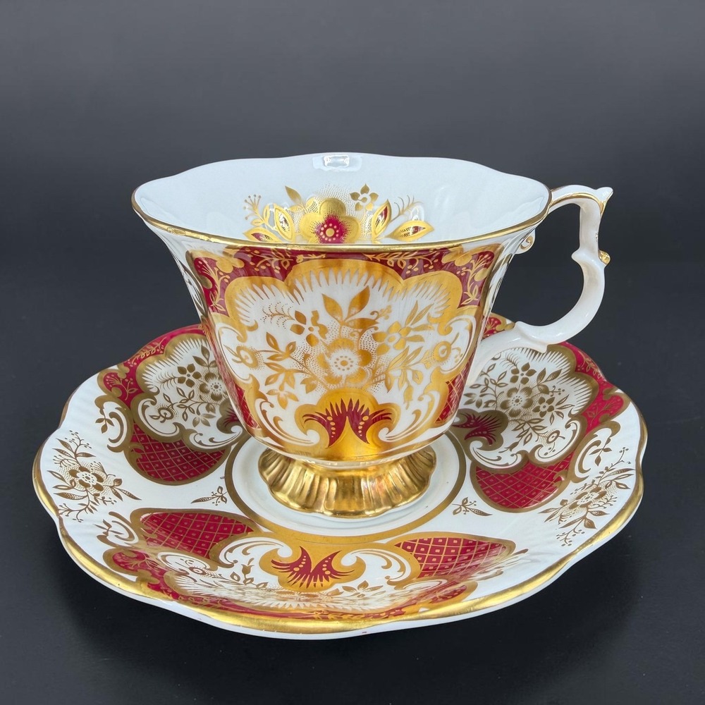 Royal Albert Bone China Teacup and Saucer Burgundy Red Gold Floral 4495 England